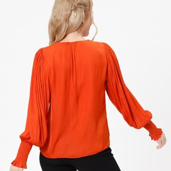 Rebecca Taylor Deep Orange Tie-Front Puff Sleeve V-Neck Top  Size Small - Picture 4 of 4
